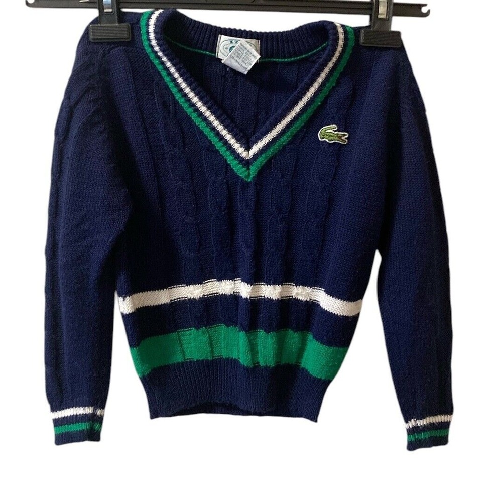 VTG Lacoste Sweater Little Boy's Sz 5 Navy Green V Neck Tennis Preppy